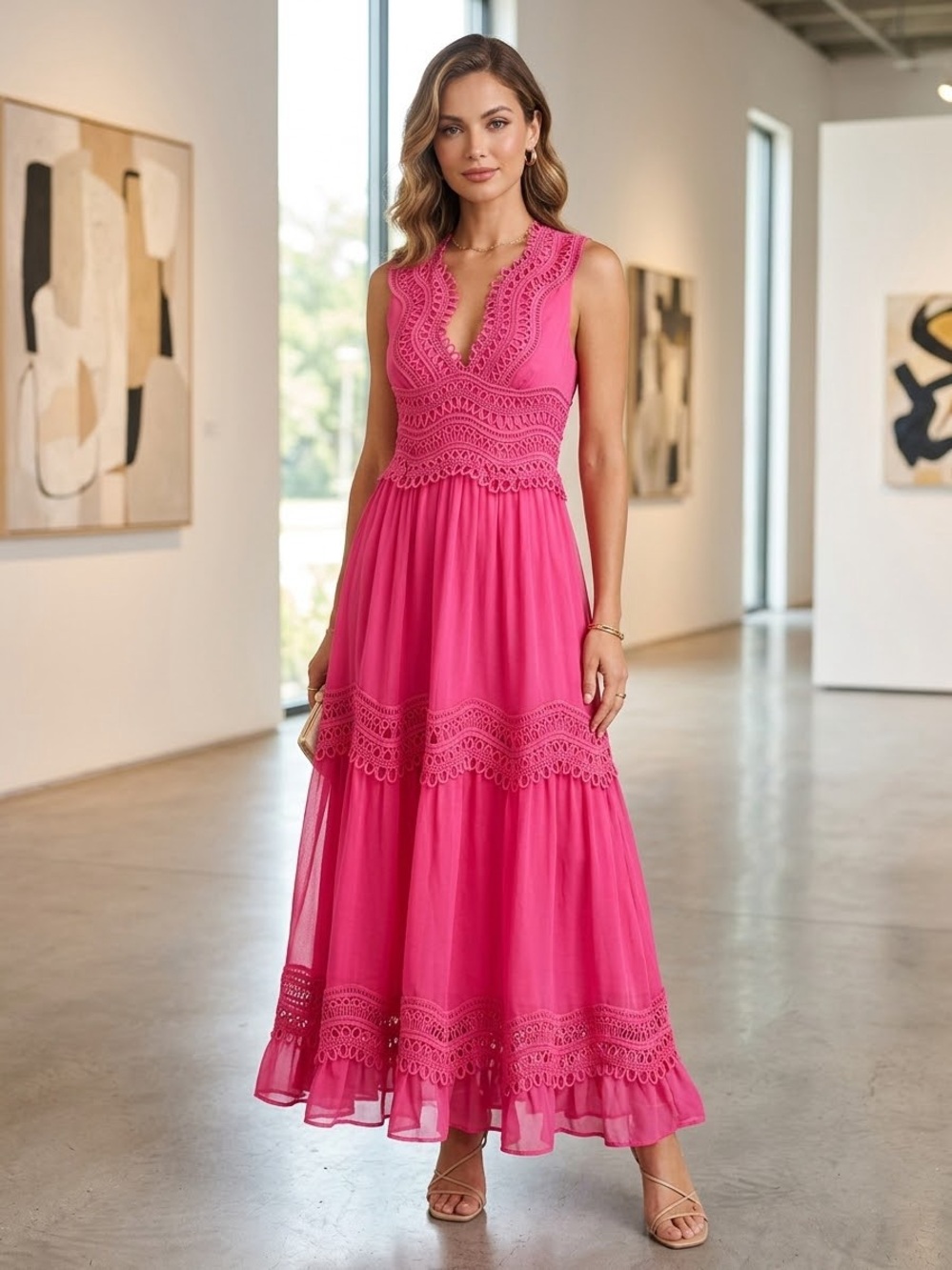 Sleeveless Lace-Trim Maxi Dress in Hot Pink